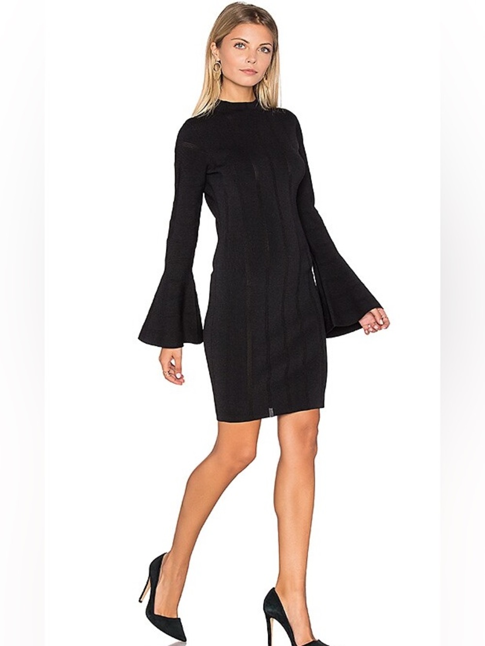 KEEPSAKE the Label Lighthouse Black Bell Sleeve Knit Mock Neck Dress NWT